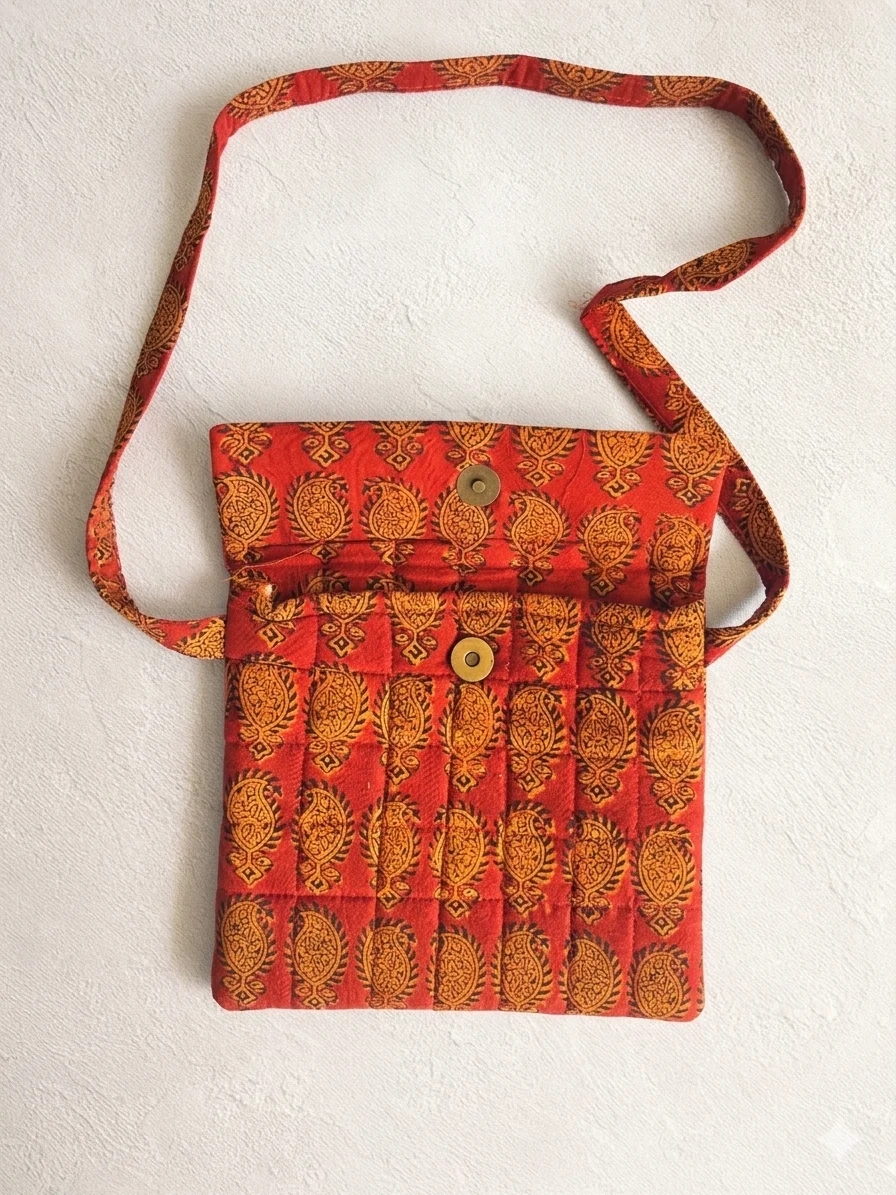 Red Yellow Paisley Bagh Print Cotton Sling Bag