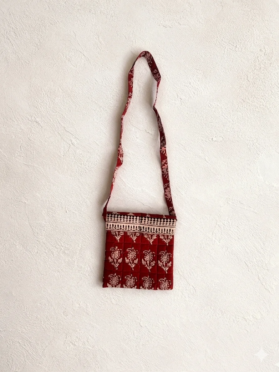 Red Buti Bagh Handblock Print Cotton Sling Bag