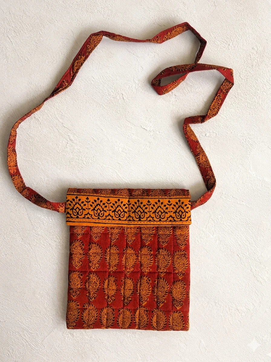 Red Yellow Paisley Bagh Print Cotton Sling Bag