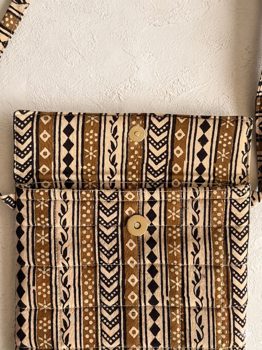 Beige Green Stripe Bagh Handblock Print Cotton Sling Bag