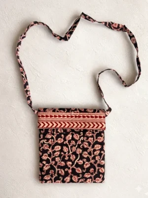 Black Leaf & Vine Bagh Handblock Print Cotton Sling Bag