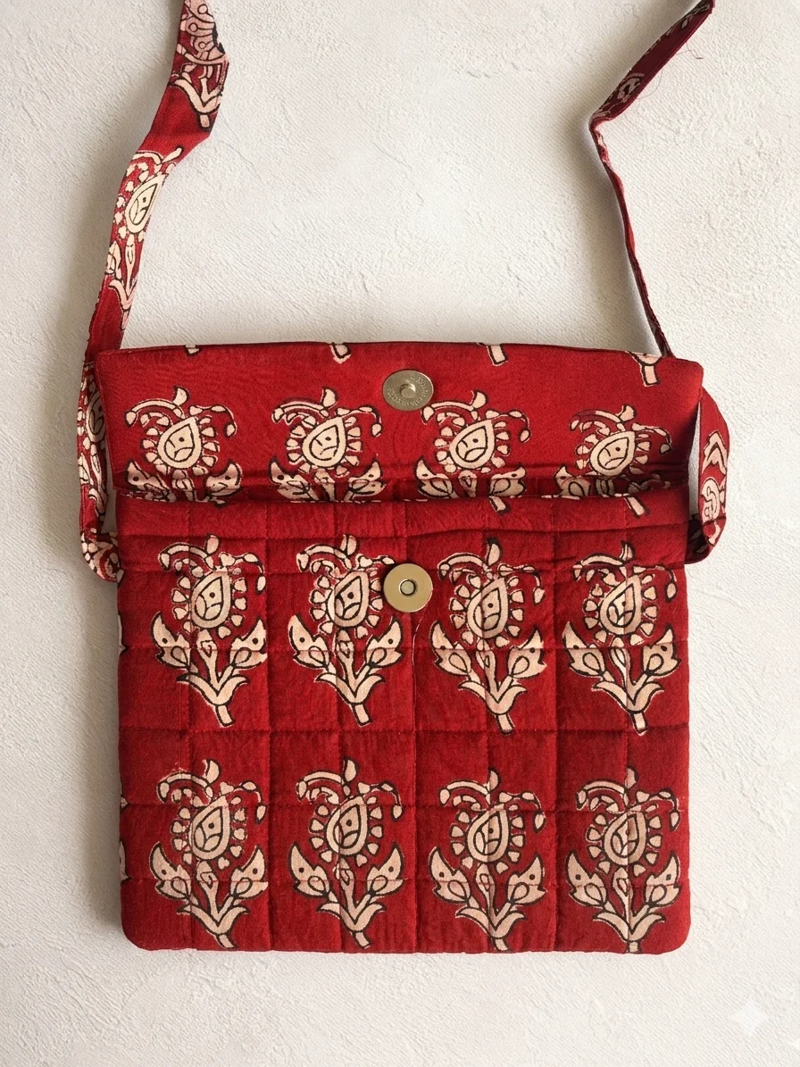 Red Buti Bagh Handblock Print Cotton Sling Bag