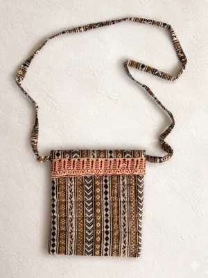 Beige Green Stripe Bagh Handblock Print Cotton Sling Bag