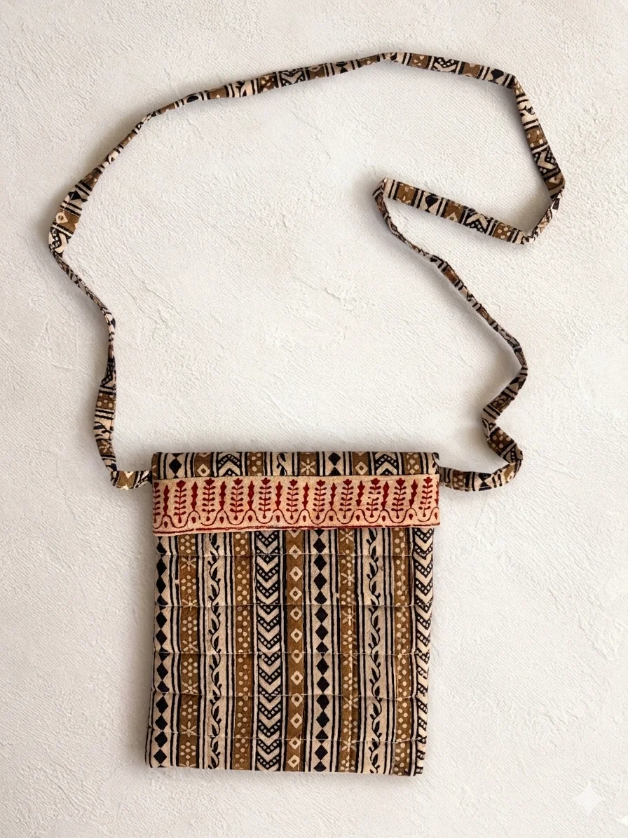 Beige Green Stripe Bagh Handblock Print Cotton Sling Bag