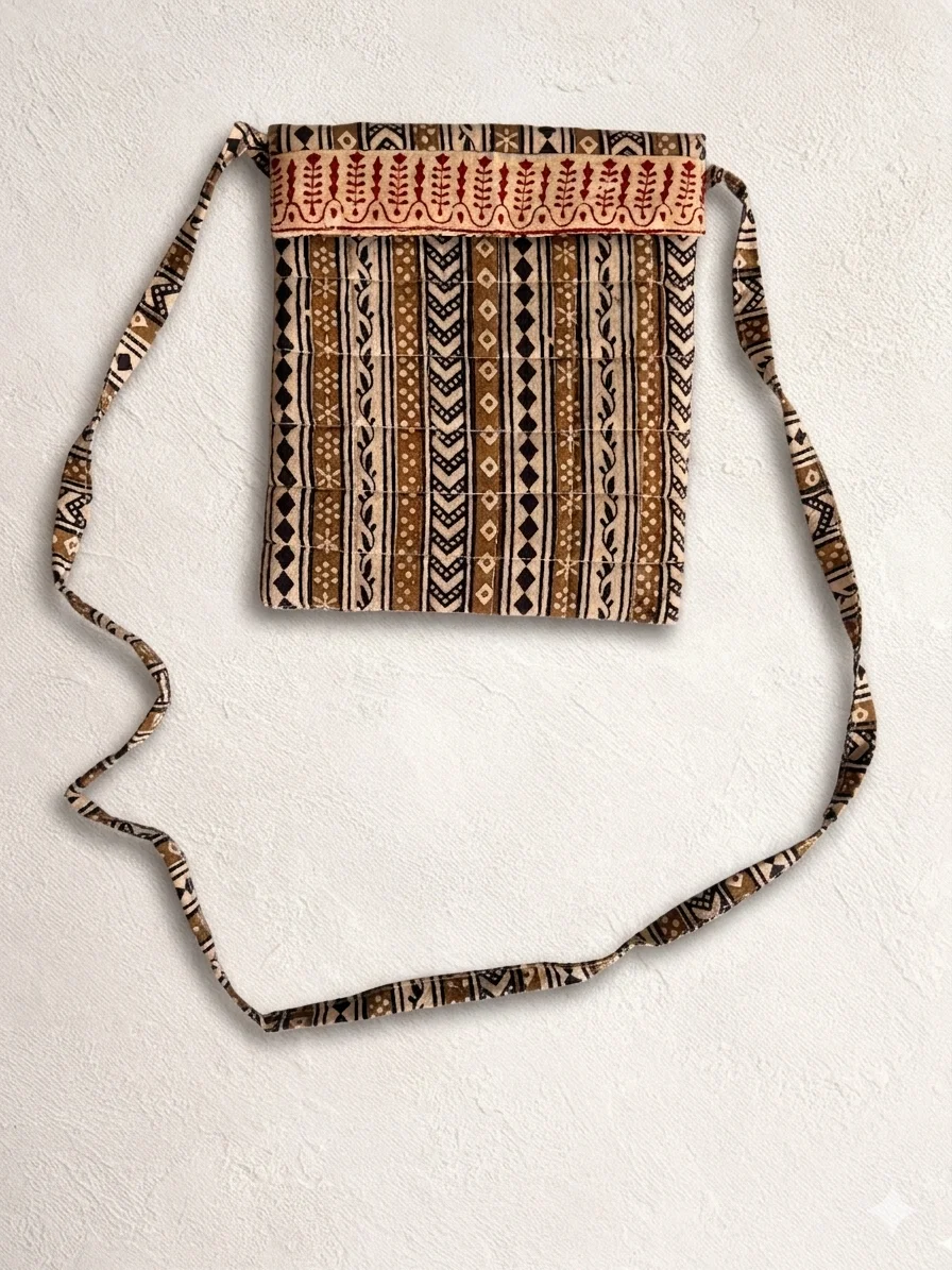 Beige Green Stripe Bagh Handblock Print Cotton Sling Bag