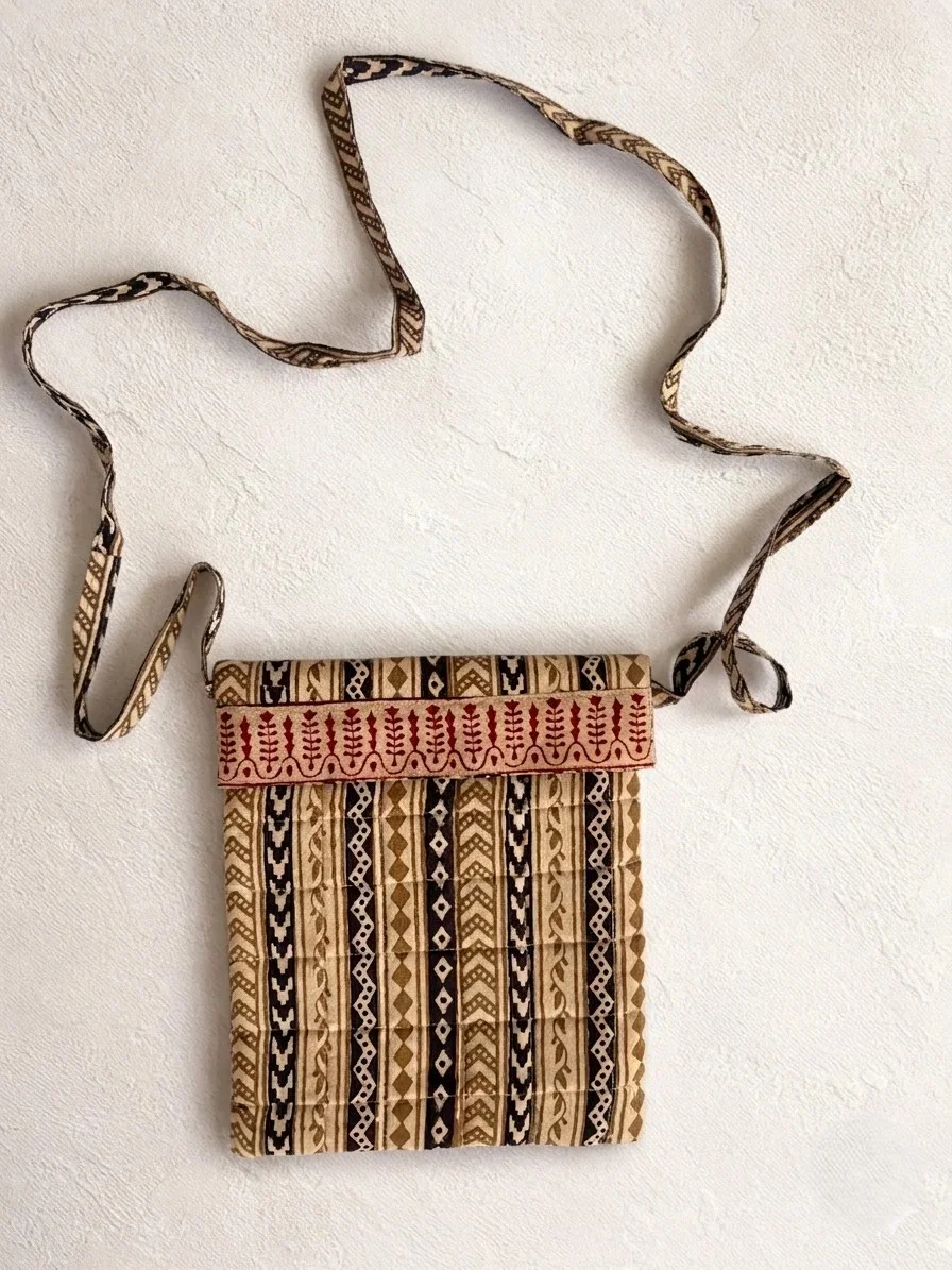 Beige Stripe Bagh Handblock Print Cotton Sling Bag