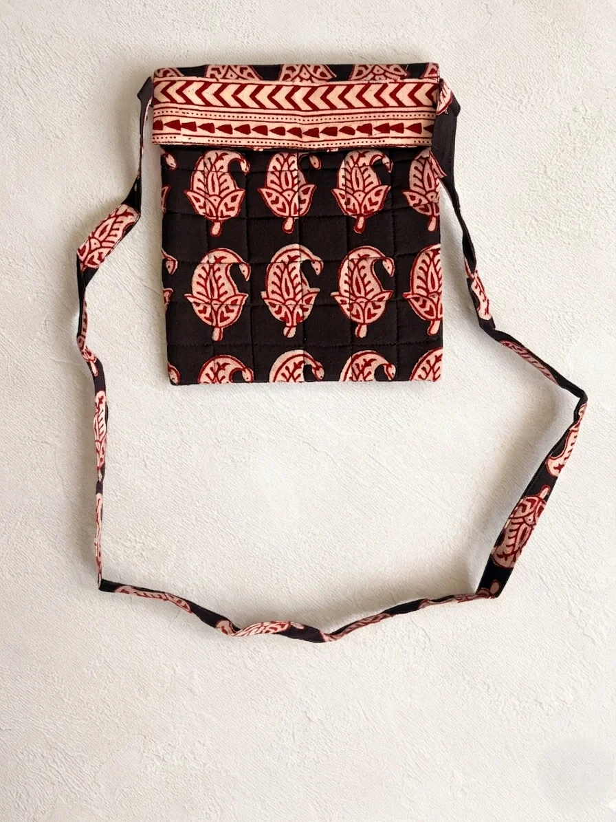 Black Red Paisley Bagh Print Cotton Sling Bag