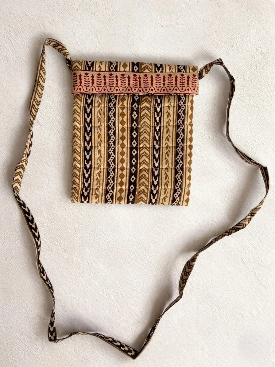 Beige Stripe Bagh Handblock Print Cotton Sling Bag